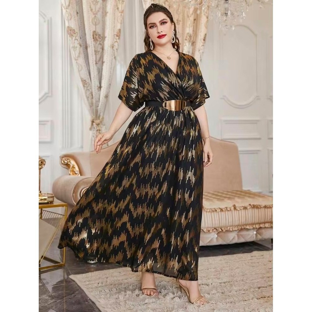 Shein Women 1XL 14 Black Gold Metallic Chevron Wrap Maxi Dress Evening Gown